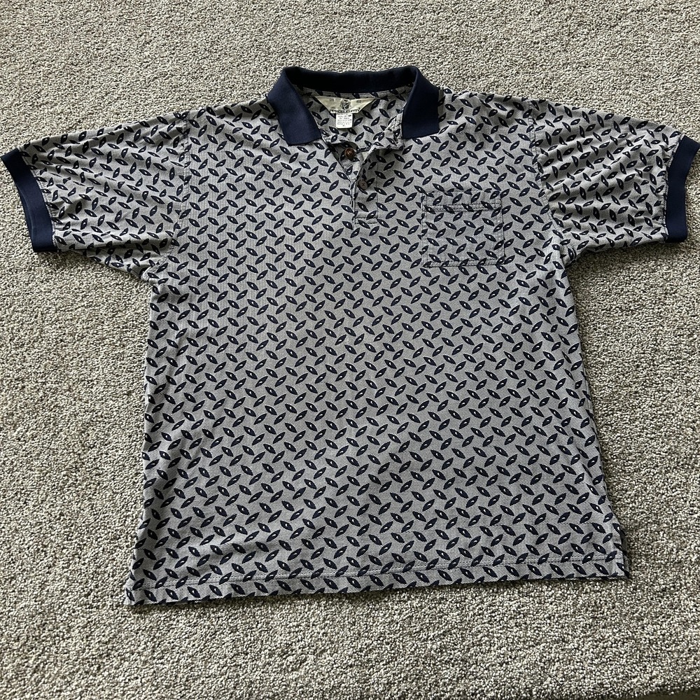 Pro Celebrity Polo Shirt Mens XL Blue Geometric Knit Short Sleeve Pocket Casual
